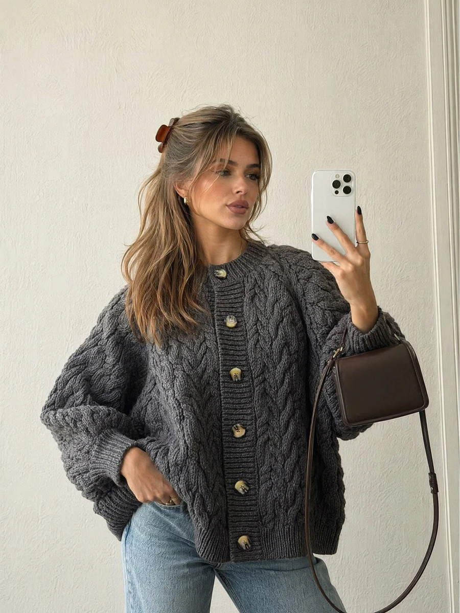 MORI Fall Winter Y2K Elegant Dark Grey Cable Knit Chunky Oversized Round Neck Button Down Cardigan Sweater Tops Women Outfits - Grey - View 1