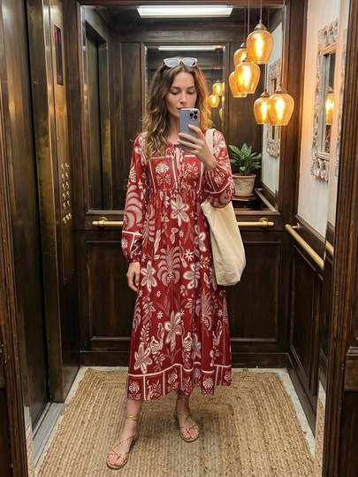 Vintage Tropical Plant Print Dress V-Neck Cinched Waist Puff Sleeve Midi Dress French Vacation Style Black & White Coconut Tree Floral Bird Red