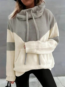 Sudadera de punto con capucha y cordón, diseño de bloques de color, talla grande, manga larga, sudadera tipo pullover con bolsillos, prenda casual y cálida para otoño, invierno y primavera - Gris - Ver 1
