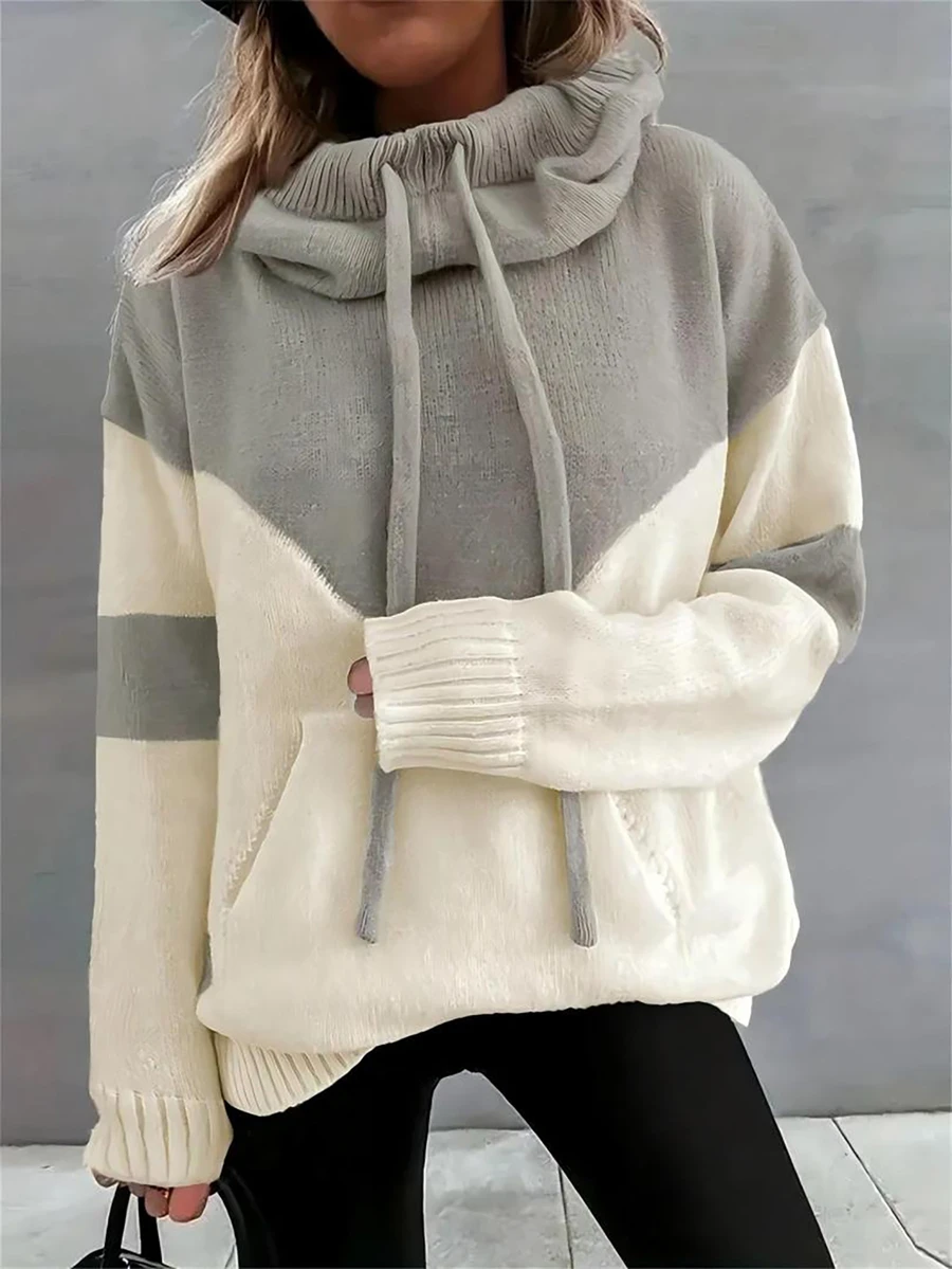 Sudadera de punto con capucha y cordón, diseño de bloques de color, talla grande, manga larga, sudadera tipo pullover con bolsillos, prenda casual y cálida para otoño, invierno y primavera - Gris - Ver 1