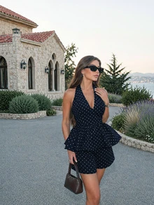 Buzzelle Summer Elegant Casual Blue Polka Dot Ruffle Halter Top & Shorts 2-Piece Set For Party Beach Vacation Festival Boho Chic - Navy Blue - View 1