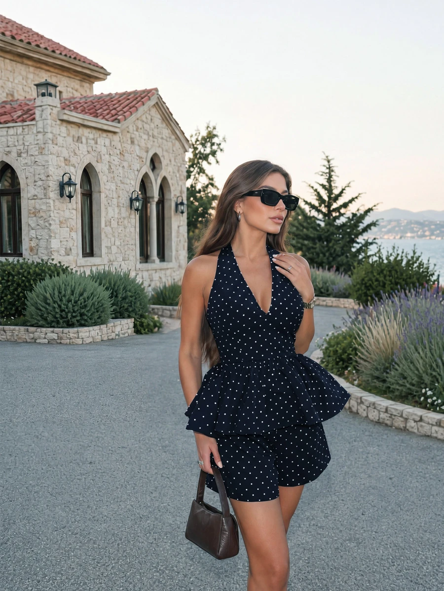 Buzzelle Summer Elegant Casual Blue Polka Dot Ruffle Halter Top & Shorts 2-Piece Set For Party Beach Vacation Festival Boho Chic - Navy Blue - View 1