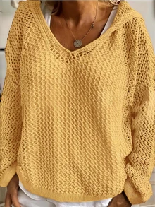 Sweater Rajut Berkerudung Berongga Ukuran Besar, Atasan Kasual Longgar Lengan Panjang, Cocok untuk Liburan Pantai Musim Semi, Musim Panas, Musim Gugur dan Pesta. - Kuning - View 1