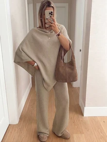 Women's 2pcs Y2K Minimalist Beige Shawl Knit Top & Wide Leg Pants Set, Loose Sweater Loungewear Streetwear Outfit, Autumn/Winter - Oat - View 5