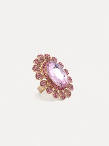 TuEzra 1pc Fashionable Oval Crystal Rhinestone Adjustable Open Ring - Pink - View 2