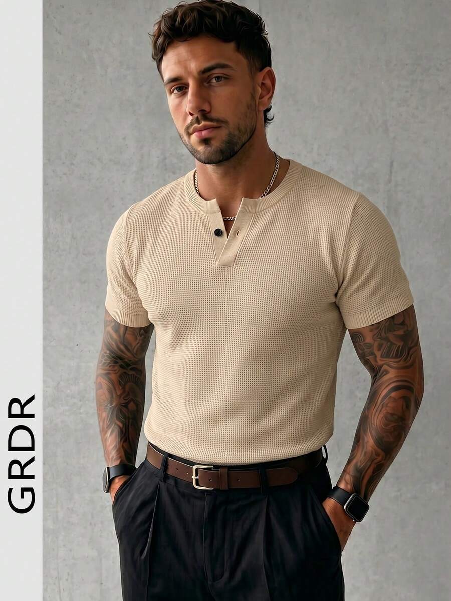 Camisa de manga corta de punto acanalado para hombre GRDR, adecuada para reuniones de negocios de verano, simple y versátil