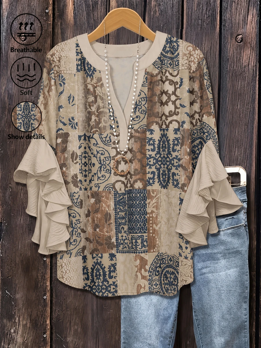 Plus Size Women's Vintage Random Print Ruffle Sleeve V-Neck Blouse Vacation - Khaki - View 1