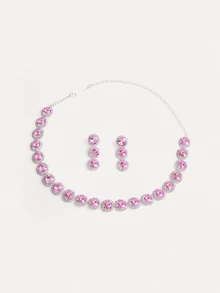 TuEzra 1 Set Luxury 3pcs Silver Bridal Jewelry Set, Includes 1 Pink Necklace, 2 Earrings And Wedding Accessories - Baby Pink - View 1