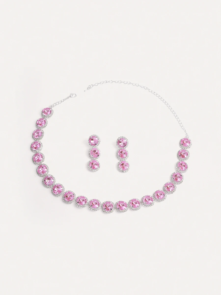 TuEzra 1 Set Luxury 3pcs Silver Bridal Jewelry Set, Includes 1 Pink Necklace, 2 Earrings And Wedding Accessories - Baby Pink - View 1