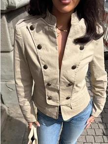 Mantel Kancing Gaya Militer Vintage Wanita, Jaket Musim Gugur Bergaya Kerah Napoleon - Khaki - View 3