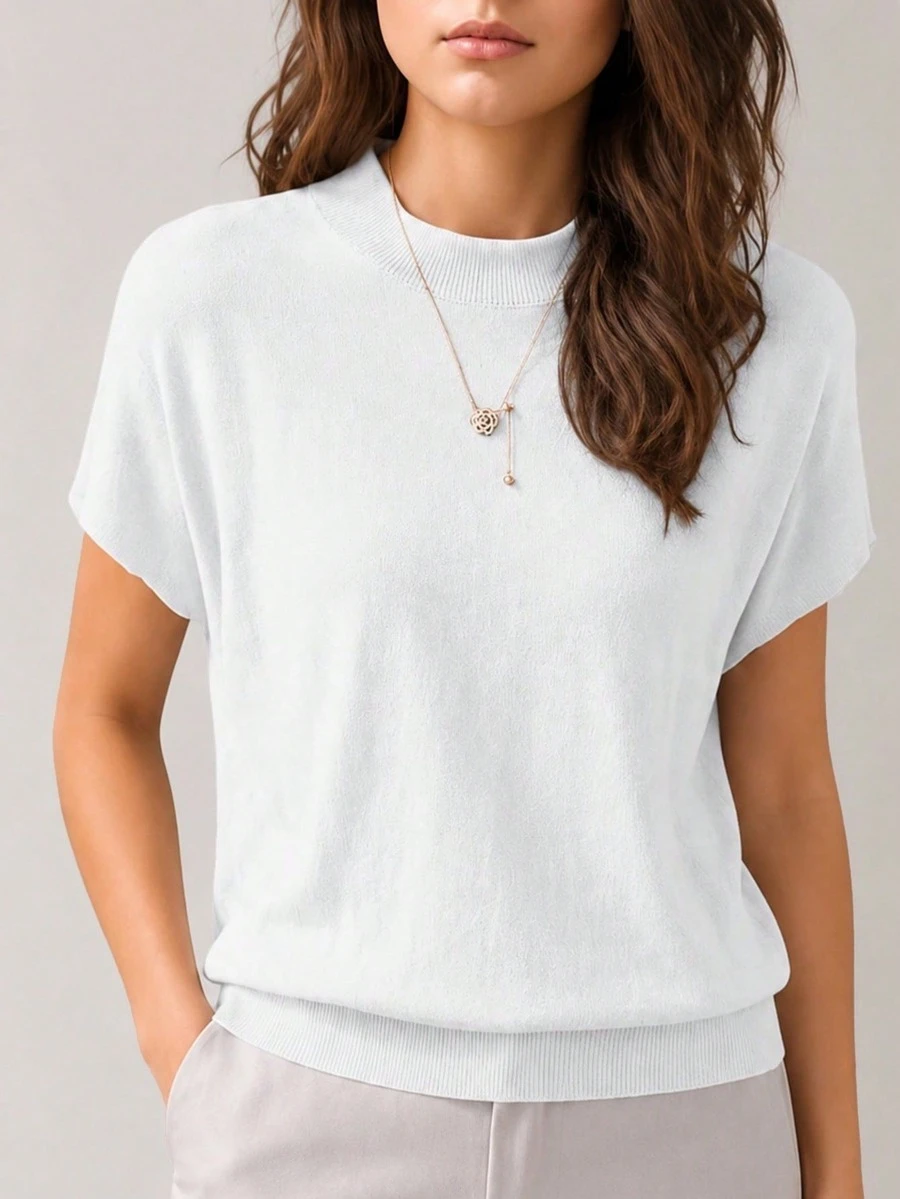 Fine Spun New Loose Short Sleeve T-Shirt Women, Distinctive Sleeveless Knit Sweater, Solid Color Undershirt White Summer - White - View 1