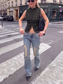 女款復古軍裝風針織背心，前襟鈕扣與拉鍊設計，無袖上衣 - 黑色 - 查看 2