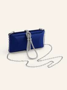 Farahzel 1pc Shiny Rhinestone Decor Box Clutch Purse, Satin Banquet Bag, Formal Party Evening Bag, Chain Shoulder Bag - Navy Blue - View 3