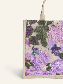 Farahzel 1 pièce Sac fourre-tout en lin patchwork en maille à sequins colorés, design à broderie florale et feuillage tendance, grand sac à bandoulière carré de grande capacité - Parme - Voir 6