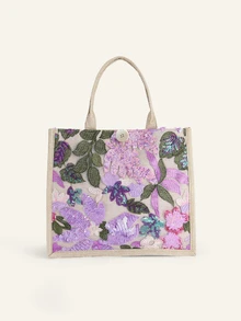 Farahzel 1 pièce Sac fourre-tout en lin patchwork en maille à sequins colorés, design à broderie florale et feuillage tendance, grand sac à bandoulière carré de grande capacité - Parme - Voir 2