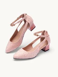 Farahzel Women Rhinestone & Buckle Decor Chunky Heeled Pumps, Fashionable Outdoor Court Pumps - Berwarna merah muda - View 4