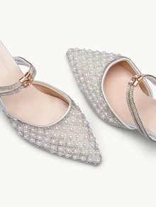 Farahzel New Stylish Rhinestone & Faux Pearl Pointed Toe High Heel Mules, Suitable For Dates, Parties, Commuting And Business Wear, Kitten Heels - Silver - View 6