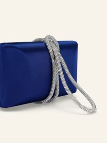 Farahzel 1pc Shiny Rhinestone Decor Box Clutch Purse, Satin Banquet Bag, Formal Party Evening Bag, Chain Shoulder Bag - Navy Blue - View 6