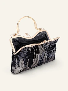 Farahzel Tas Ember Mini Ringan dengan Hiasan Berlian Imitasi, Desain Tali Serut, Cocok untuk Bisnis Kasual - Hitam - View 3