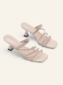 Farahzel 仙女風高跟拖鞋，法式水晶裝飾綁帶高跟涼鞋，夏季女士情人節高跟鞋 - 米色 - 查看 2