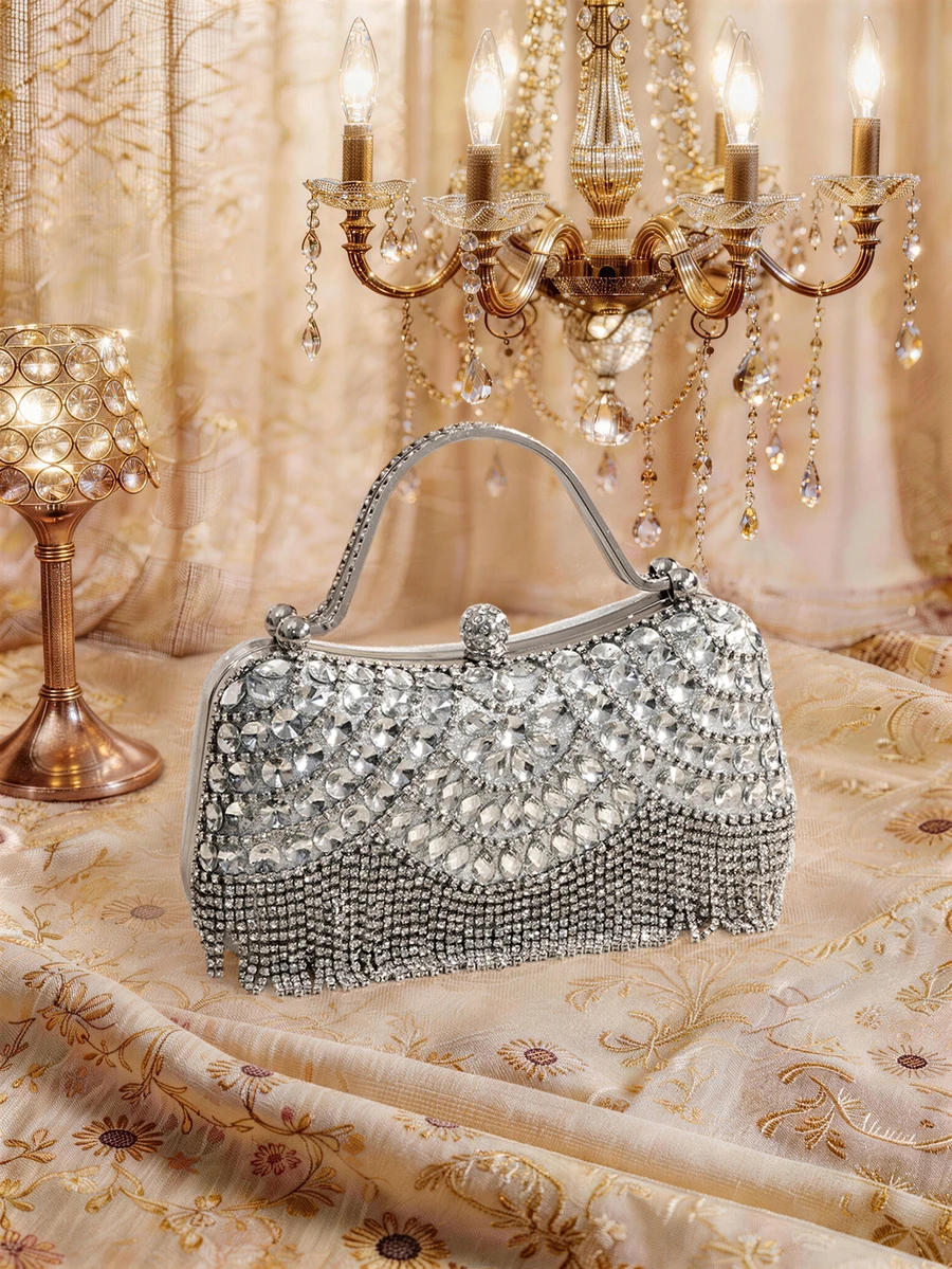 Farahzel Tas Malam Wanita, Set Tas Tangan & Clutch Rumbai Berlian dengan Perangkat Keras Batu Permata Berkilau - Perak - View 1