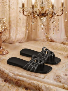 Farahzel Women's Square Toe Minimalist Rhinestone Accent Strap Flat Sandals, Casual Fashion Beach Holiday Style,Spring Summer Outfits - Black - View 1
