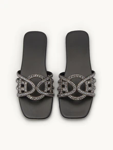 Farahzel Women's Square Toe Minimalist Rhinestone Accent Strap Flat Sandals, Casual Fashion Beach Holiday Style,Spring Summer Outfits - Black - View 3