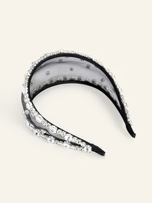 Farahzel 1pc Luxury Black Mesh Rhinestone Wide Headband, Elegant Fashion Hair Accessory For Women, Suitable For Wedding, Party And Daily Wear - Silver - View 2