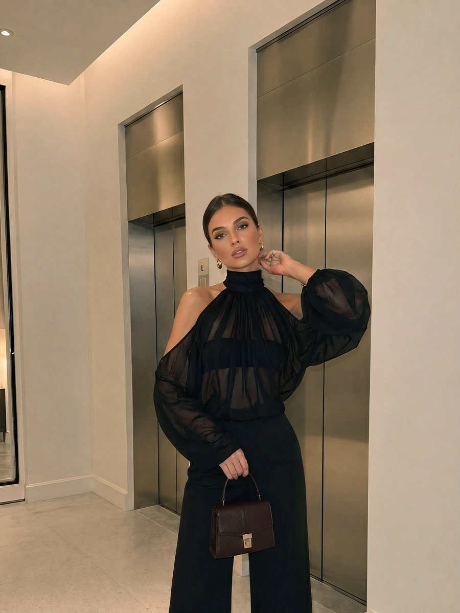Women's Summer Elegant Casual Black Sheer High Neck Cold Shoulder Long Sleeve Top, Suitable For Beach Party, Vacation And Outing Fall - Black - View 1