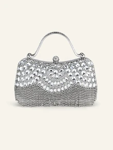 Farahzel Tas Malam Wanita, Set Tas Tangan & Clutch Rumbai Berlian dengan Perangkat Keras Batu Permata Berkilau - Perak - View 2