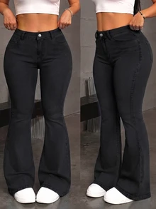 Plus Size Women Bell Bottom Jeans With Pockets, Suitable For Home, Daily Wear Or Office, Casual Winter Clothing For Ladies Spring Black - Black - View 2