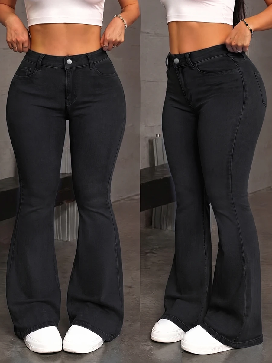 Plus Size Women Bell Bottom Jeans With Pockets, Suitable For Home, Daily Wear Or Office, Casual Winter Clothing For Ladies Spring Black