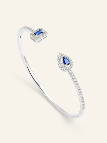 Farahzel 1pc Open Bangle, Fashionable Minimalist Water-Drop Square Design, Copper With Micro-Inlaid Zirconia, Suitable For Daily Wear, Valentine's Gift - Blue - View 2