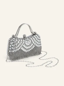 Farahzel Tas Malam Wanita, Set Tas Tangan & Clutch Rumbai Berlian dengan Perangkat Keras Batu Permata Berkilau - Perak - View 3