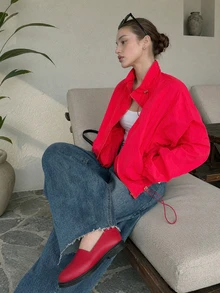 女款夏季優雅休閒紅色立領拉鍊抽繩下擺夾克，適合海灘派對、度假、外出 - 紅色 - 查看 3
