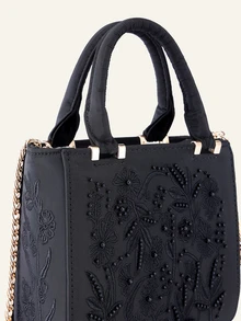 Farahzel Pearl Embroidered Satin Handbag, Cheongsam Party Clutch, Chain Shoulder Bag For Women - Black - View 6