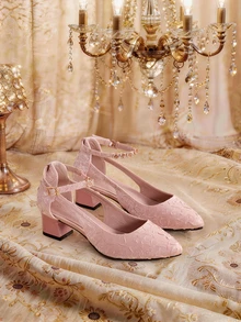Farahzel Women Rhinestone & Buckle Decor Chunky Heeled Pumps, Fashionable Outdoor Court Pumps - Berwarna merah muda - View 1