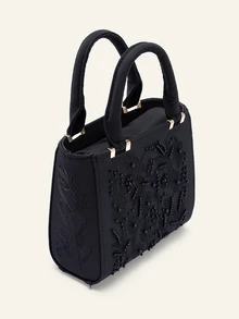 Farahzel Pearl Embroidered Satin Handbag, Cheongsam Party Clutch, Chain Shoulder Bag For Women - Black - View 5