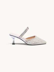 Farahzel New Stylish Rhinestone & Faux Pearl Pointed Toe High Heel Mules, Suitable For Dates, Parties, Commuting And Business Wear, Kitten Heels - Silver - View 5