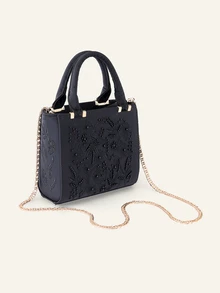 Farahzel Pearl Embroidered Satin Handbag, Cheongsam Party Clutch, Chain Shoulder Bag For Women - Black - View 3