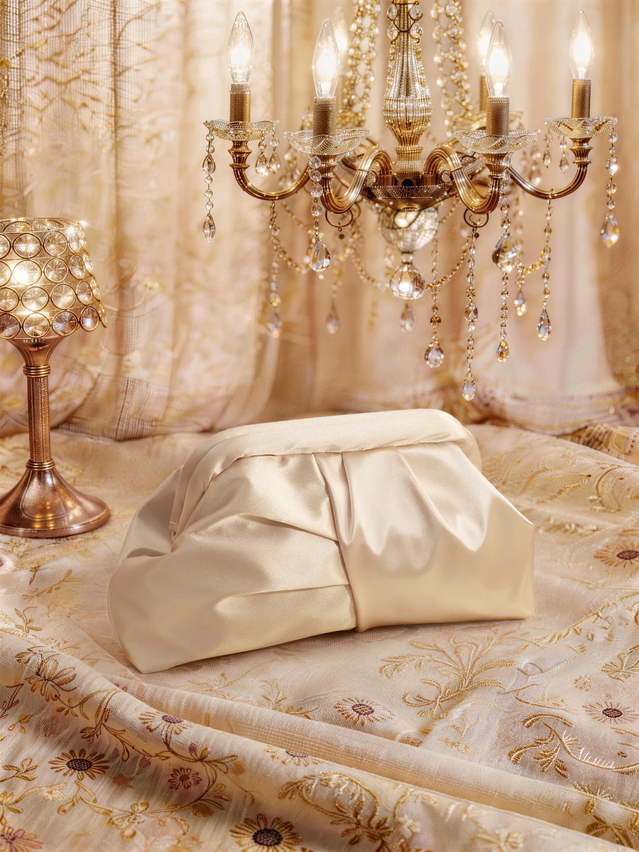 Farahzel Silk Satin Material Clutch Bag, With A Pleated Cloud Pattern On The Body, Fashionable And Minimalist, Wedding - Champagne - View 1