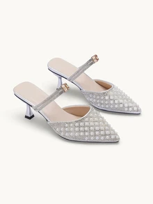 Farahzel New Stylish Rhinestone & Faux Pearl Pointed Toe High Heel Mules, Suitable For Dates, Parties, Commuting And Business Wear, Kitten Heels - Silver - View 2