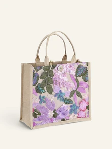 Farahzel 1 pièce Sac fourre-tout en lin patchwork en maille à sequins colorés, design à broderie florale et feuillage tendance, grand sac à bandoulière carré de grande capacité - Parme - Voir 3