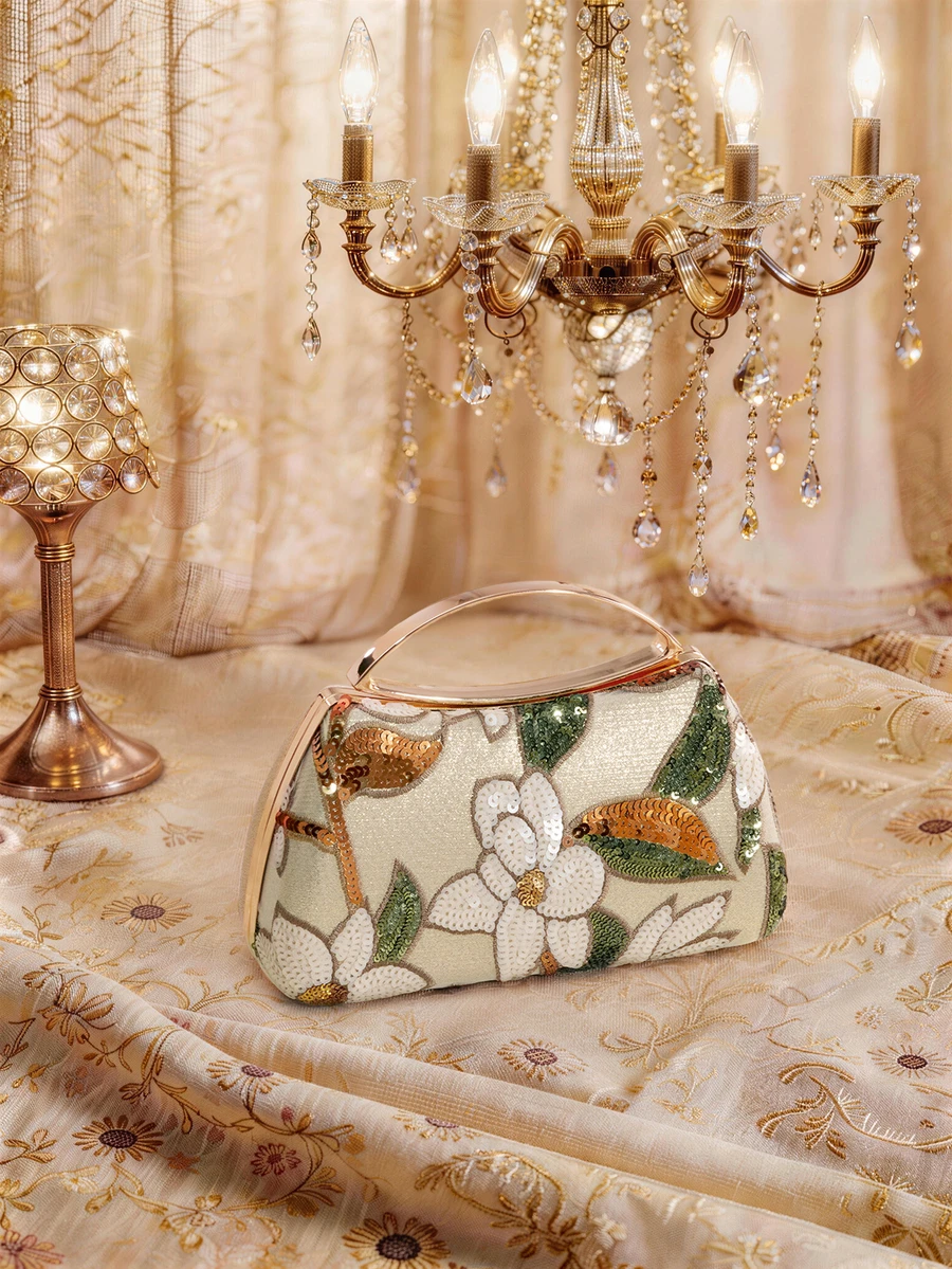 Farahzel Tas Clutch Selempang Elegan Berkilau dengan Motif Daun & Bunga Berwarna-warni, Tas Malam dengan Tali Rantai Bergaya Vintage, Tas Tangan Kotak Persegi Mini - Emas - View 1