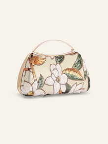 Farahzel Tas Clutch Selempang Elegan Berkilau dengan Motif Daun & Bunga Berwarna-warni, Tas Malam dengan Tali Rantai Bergaya Vintage, Tas Tangan Kotak Persegi Mini - Emas - View 3