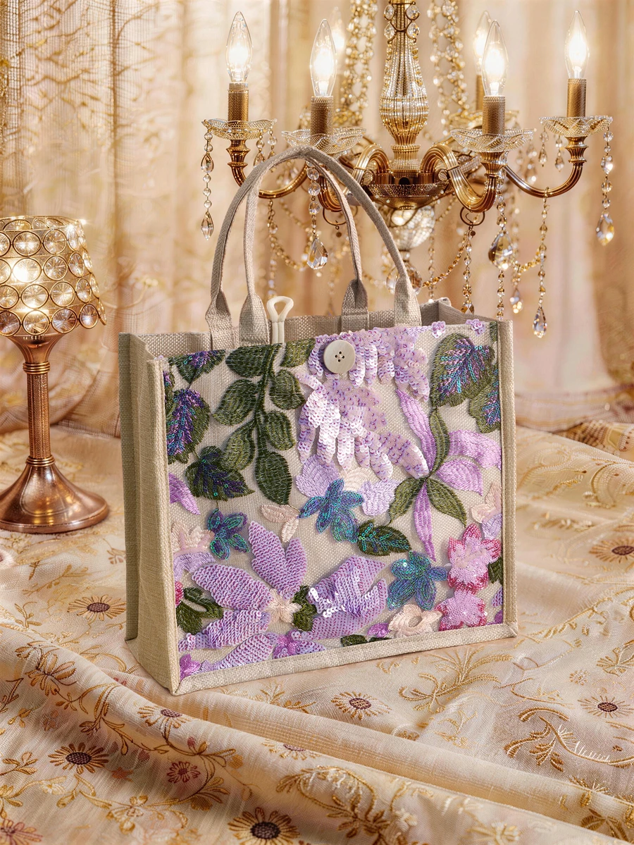 Farahzel 1 pièce Sac fourre-tout en lin patchwork en maille à sequins colorés, design à broderie florale et feuillage tendance, grand sac à bandoulière carré de grande capacité - Parme - Voir 1