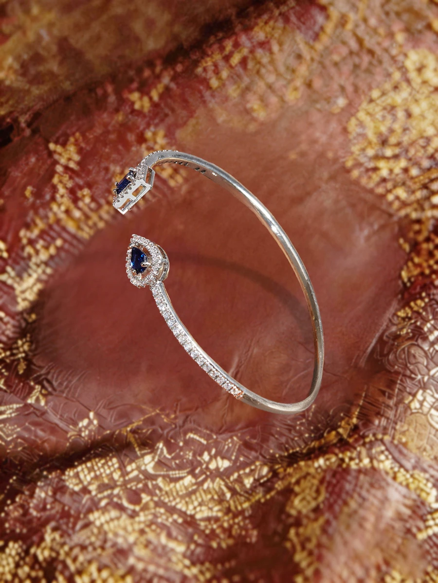 Farahzel 1pc Open Bangle, Fashionable Minimalist Water-Drop Square Design, Copper With Micro-Inlaid Zirconia, Suitable For Daily Wear, Valentine's Gift - Blue - View 1