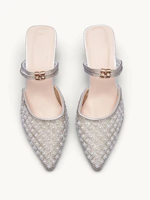 Farahzel New Stylish Rhinestone & Faux Pearl Pointed Toe High Heel Mules, Suitable For Dates, Parties, Commuting And Business Wear, Kitten Heels - Silver - View 3