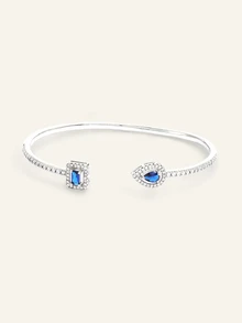 Farahzel 1pc Open Bangle, Fashionable Minimalist Water-Drop Square Design, Copper With Micro-Inlaid Zirconia, Suitable For Daily Wear, Valentine's Gift - Blue - View 3