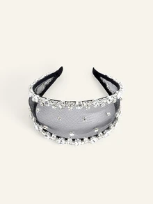Farahzel 1pc Luxury Black Mesh Rhinestone Wide Headband, Elegant Fashion Hair Accessory For Women, Suitable For Wedding, Party And Daily Wear - Silver - View 4